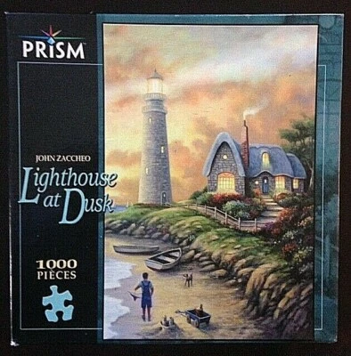 Rompecabezas Faro al atardecer COMP 1000 piezas 19x29 cabaña, niño, perro, rocas Foto 1 de 4