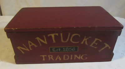 handcrafted hand painted wooden box barn red w/lid & rope handles-sl. distressed - Image 1 of 4