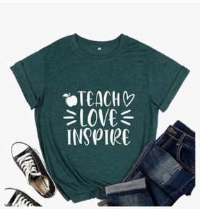 Teacher T-Shirt "Teach, Love, Inspire" Size L Green - Picture 1 of 4