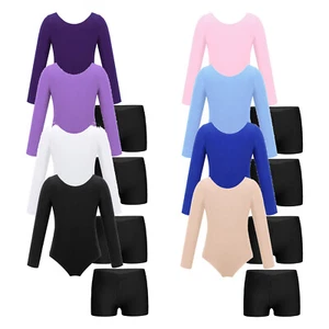 Kids Girls Dancewear Long Sleeve Leotard With V-front Waistband Shorts Sport - Picture 1 of 82
