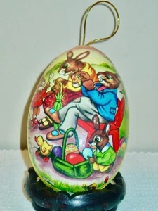 Vintage Antique German Paper Mache Easter Egg Box Colorful Rabbits  6" - Picture 1 of 3