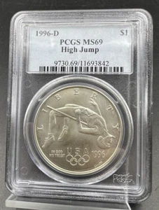 1996 D Atlanta Olympics High Jump 90% Silver Commemorative Dollar PCGS MS69 BU - Picture 1 of 6
