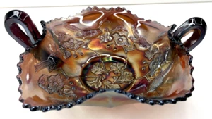 Fenton Amethyst Carnival Glass Bowl Birds w/ Cherries Bon Bon w/ Handles MCM - Picture 1 of 18