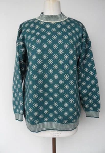 Vintage 80s Retro Esprit Teal Green Cream knit Jumper HongKong Large size S - M - Picture 1 of 8