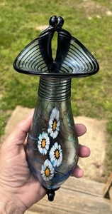 Herb A Thomas Iridescent Art Glass Wall Pocket Vase Millefiori Flowers Signed - Picture 1 of 6