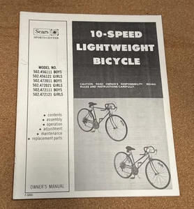 Vintage Sears 10-Gang leichtes Fahrrad Bedienungsanleitung, Modell 502 Jungen/Mädchen - Bild 1 von 4