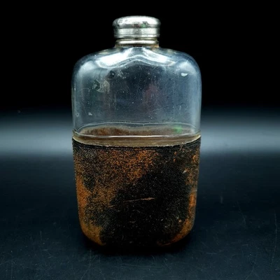 Antique Hip Flask Glass & Leather Wrapped C1910 screw cap Travel Flask H14xL8cm - Image 1 of 4