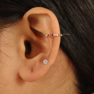 Multi Gemstone Open Cuff Earring In 14K Yellow Gold Christmas Best Gift (Single) - Image 1 of 4