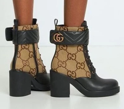 Gucci Beige & Black GG Marmont Combat Ankle Boots  Leather Canvas 37 - Image 1 of 4