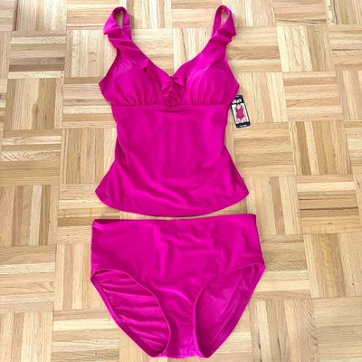 DKNY Women's Tankini Swimsuit 2XL XXL Pink Ruffle Top Full Coverage Bottom NWT - Image 1 of 4