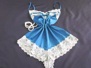 Teal Satin Cami-Knickers Teddy L Ivory Lace Camisole Panties Lingerie Womens - Picture 1 of 9