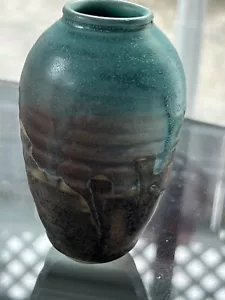 Vintage Studio Art Pottery Blue Turquoise Aqua Brown Bud Vase - Picture 1 of 8