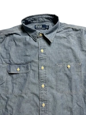 Vtg Polo Ralph Lauren Men's Work Shirt Cat Eye Sky Blue Chambray Cotton L 90s - Image 1 of 4