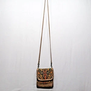 UNIQUE BOUTIQUE ARTISAN FABRIC MAGNETIC LEATHER BROWN SLING PURSE WALLET BAG - Picture 1 of 12