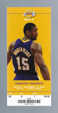 KOBE BRYANT TRIPLE DOUBLE - 2012 ROCKETS @ LAKERS FULL BASKETBALL TICKET - NOV18 Cover