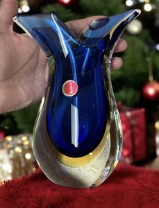 Mid-Century Art Glass Vase Sommerso Technique Blue& Amber Gold Vase - Picture 1 of 12