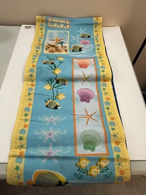 Summer Tropical Fish Seashells Beach Table Runner 14" x 72" Blue Shimmer Back - Image 1 of 4