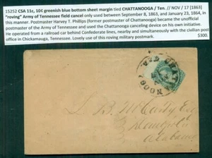 CONFEDERATE STATES #11c, 10¢ greenish blue, tied CHATTANOOGA TN, scarcer, VF - Picture 1 of 2