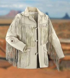 Men's Western Suede Leather Fringe Jacket | Beaded Cowboy Style Coat - Picture 1 of 4