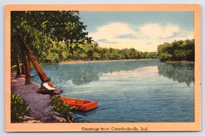1940s Greetings from Crawfordsville, Indiana,  Fishing, Linen IN Postcard (READ) - Picture 1 of 2