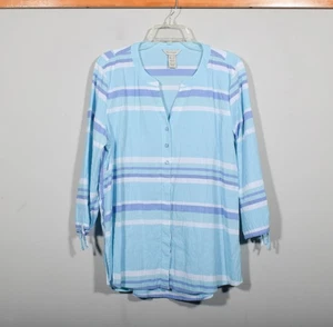 Multiples Marken Baumwolle blau gestreift 3/4 Ärmel Knopfleiste Tunika Bluse Shirt Gr. L - Bild 1 von 3