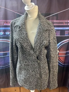 Michael Kors Sweater Jacket Full Zip Knit Moto Womens Large Black White Marbled - Picture 1 of 8