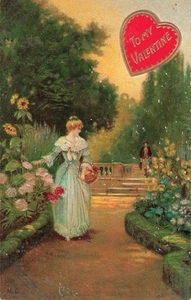 Valentinstag Gruß Postkarte Gruß hübsche Dame im Blumengarten um 1909 T10 - Bild 1 von 2