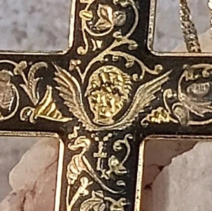 Damascene Style Cross w/ Angel Wearing Cross Design Italy 10k Chain 17" Necklace - Picture 1 of 11