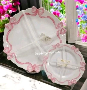8pc Parisienne Pink White Coquette Bow Melamine Dinner App / Dessert Plate Set - Picture 1 of 6