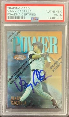 Tarjeta firmada automáticamente por Vinny Castilla 1997 Topps Colorado Rockies PSA encapsulada Foto 1 de 2