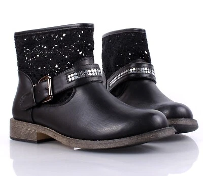 Black Color Slip On Only Casual Side Buckle Womens Lace Ankle Boots Booties - Image 1 of 4