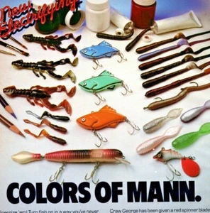 Señuelos de pesca Mann's 1984 anuncio impreso FireTail Craw, gusano duro señuelos de pesca antiguos - Imagen 1 de 2