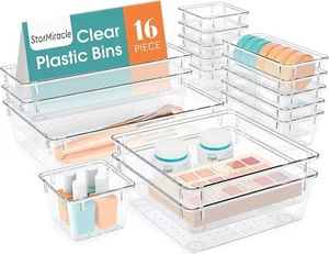 16 PCS Drawer Organizer Set, 5 Varied Size Bathroom and kitchen Clear - Picture 1 of 6