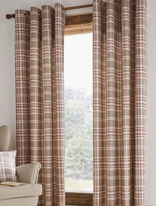 Catherine Lansfield Tweed Woven Check Tartan Eyelet Curtains Natural 66 x 54 - Picture 1 of 5