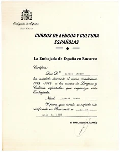 Romania, 1989, Spanish Language Course Certificate - Spanish Embassy in Romania - Picture 1 of 1