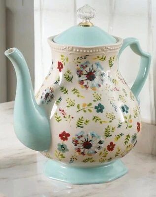 New The Pioneer Woman Stoneware Large Floral Ivory Blue Tall Crystal-Top Tea Pot - Image 1 of 4
