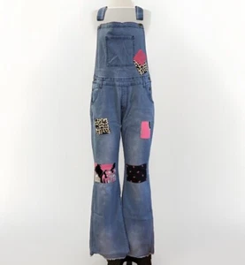 Overalls Light Stretchy Denim Size XL FLoral Pink Black Patches Bell Leg Faded - Picture 1 of 11