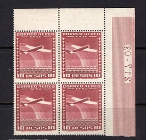 CHILE 1934-55 Internationale Luftpost 10p wmk.3 postfrisch 4er Block Kennzeichen Nummer 217-03 - Bild 1 von 1