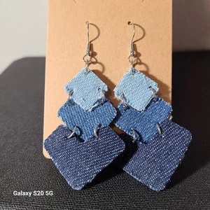 Denim Earrings: Tiered Blue Jean Squares, Upcycled Statement Jewelry NWOT - Picture 1 of 4