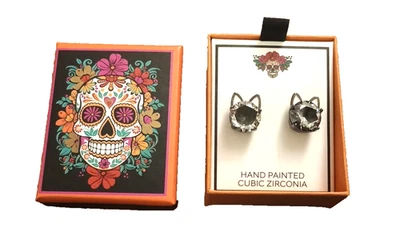 Halloween Kitty Cat Stud Earrings Rhinestone Sparkly Hand Painted 3D Pink ears - Image 1 of 4