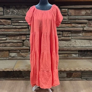 Ivy City Co Harvey Coral 100% Cotton Gauze Tiered Puff Sleeve Dress - Picture 1 of 9