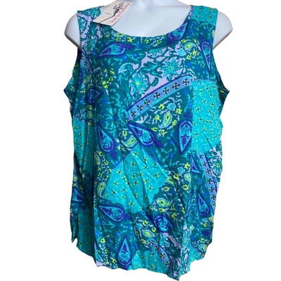 Blusa sin mangas Diane Von Furstenberg verde azulado estampado paisley púrpura y verde nueva con etiquetas 3X Foto 1 de 4