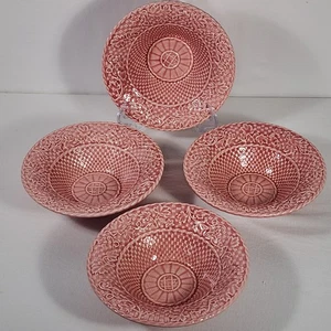 4 Bordallo Pinheiro Pink Bowls Basketweave Leaves Portugal 7.5” Salad Cereal Sz - Picture 1 of 15