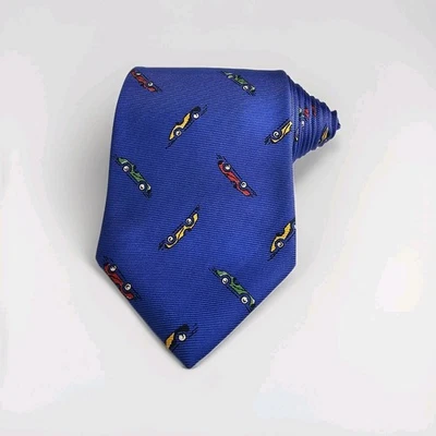 Vtg Polo Ralph Lauren Tie Royal Blue Red Yellow Green Race Cars Hand Made USA - Image 1 of 4