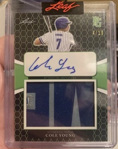 2021 Leaf Perfect Game Cole Young Game Worn Patch Auto 7/19 Seattle Mariners - Bild 1 von 2
