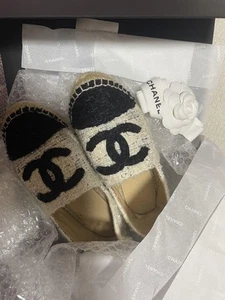 CHANEL Tweed Canvas Espadrilles Slip-On White With Coco Mark Logo Spain Used - Picture 1 of 12