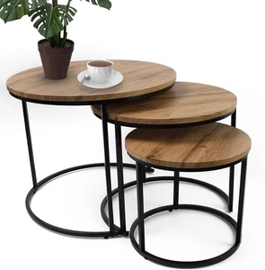 Nesting Coffee Table Set of 3 – Modern Round Side Tables Space Saving Light Oak - Picture 1 of 12