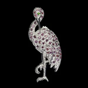 925 Sterling Silver Brooch Round Rhodolite Chrome Diopside Gemstone Egret Jewelr - Picture 1 of 13