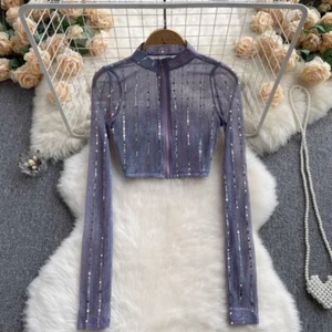 Women Sheer Sequin Long Sleeve Crop Top Slim Night Club Sexy Thin Shirt Blouse - Picture 1 of 25
