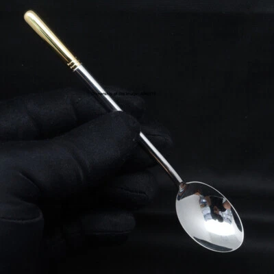 Pure 999 Fine Silver Soup Spoon Flatware Golden Handle Dinner Spoon 5.11" L - Image 1 of 4